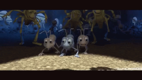 A Group Of Cartoon Ants Are Walking In A Dark Room With A Spider In The Background GIF