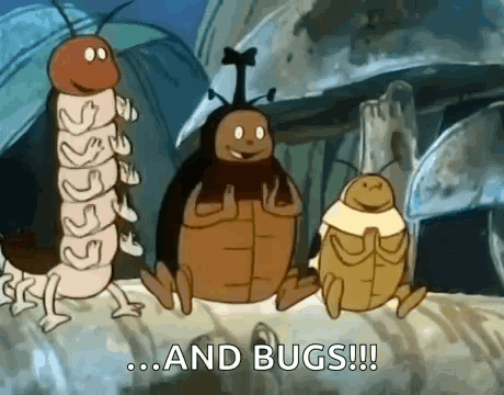 A Group Of Cartoon Bugs Are Standing Next To Each Other With The Words `` And Bugs '' Written In The Corner . GIF