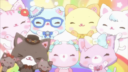 A Group Of Cartoon Cats Are Posing For A Picture With One Wearing Glasses GIF