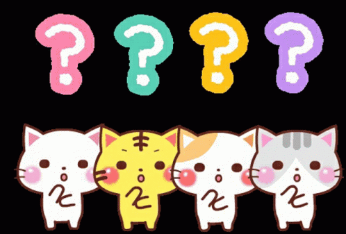 A Group Of Cartoon Cats Standing Next To Each Other With Question Marks Behind Them GIF