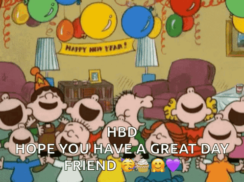 A Group Of Cartoon Characters Are Celebrating A Birthday With Balloons And A Sign That Says Happy New Year GIF