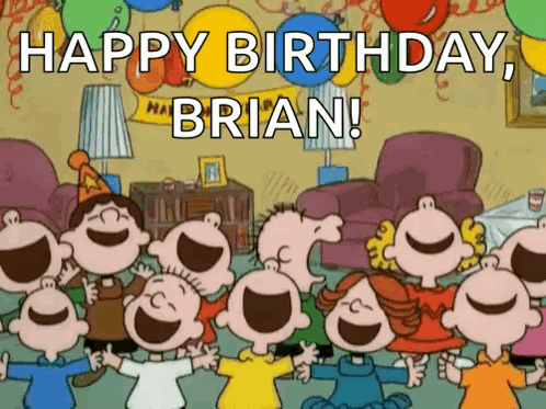 A Group Of Cartoon Characters Are Celebrating Brian 'S Birthday . GIF