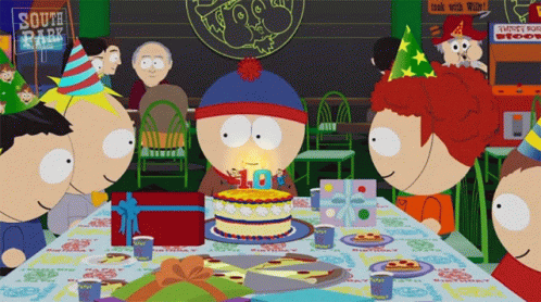 A Group Of Cartoon Characters Are Celebrating Stan 'S 18Th Birthday In South Park GIF