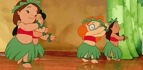 A Group Of Cartoon Characters Are Dancing A Hula Together . GIF