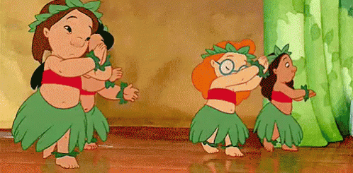 A Group Of Cartoon Characters Are Dancing A Hula Together . GIF