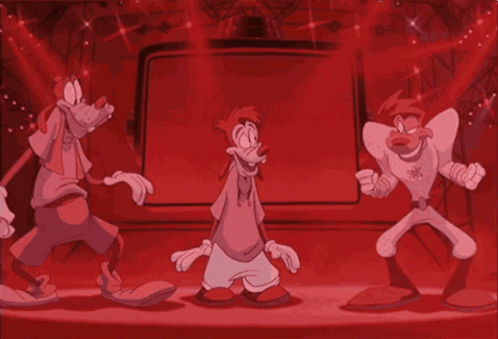 A Group Of Cartoon Characters Are Dancing In A Dark Room GIF