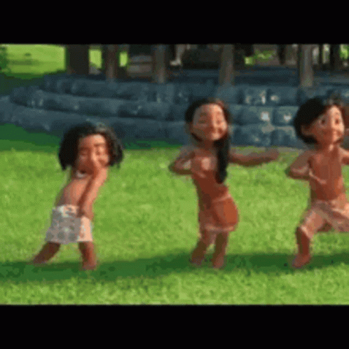 A Group Of Cartoon Characters Are Dancing In A Field . GIF