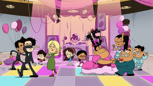 A Group Of Cartoon Characters Are Dancing In A Room With Pink Balloons GIF