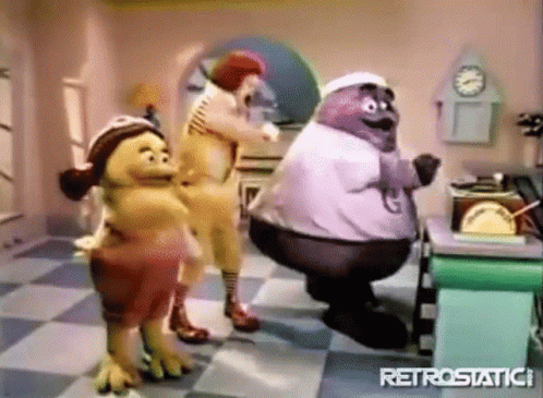 A Group Of Cartoon Characters Are Dancing In A Room With The Word Retrostatic On The Bottom Right GIF