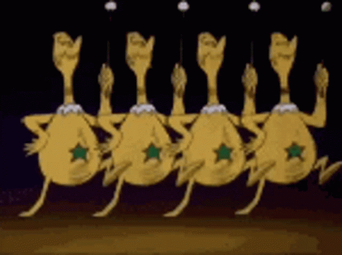 a group of cartoon characters are dancing in a row with green stars on them .