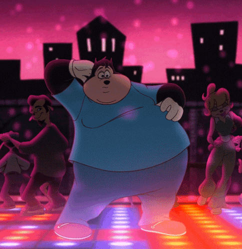 A Group Of Cartoon Characters Are Dancing On A Disco Floor GIF
