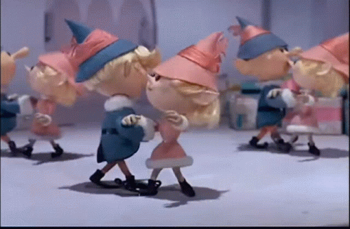 A Group Of Cartoon Characters Are Dancing Together In A Room GIF
