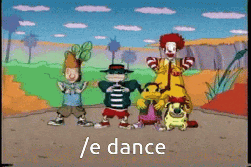 A Group Of Cartoon Characters Are Dancing With The Words / E Dance Written Below Them GIF