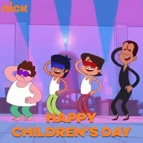 A Group Of Cartoon Characters Are Dancing With The Words Happy Children 'S Day Above Them GIF
