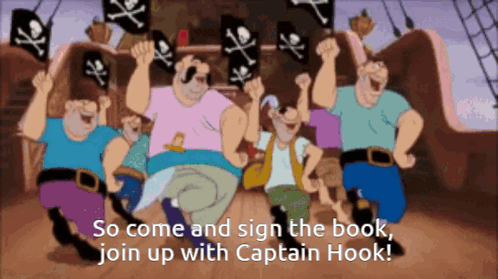 a group of cartoon characters are dancing with the words so come and sign the book join up with captain hook below them