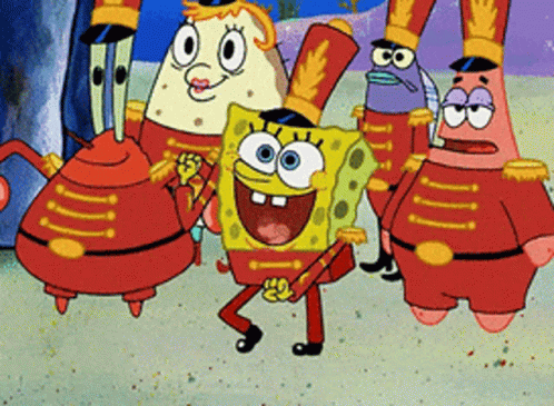 A Group Of Cartoon Characters Are Dressed In Red Uniforms GIF