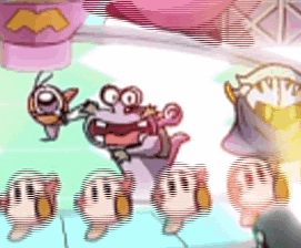A Group Of Cartoon Characters Are Flying In A Pink Hot Air Balloon GIF