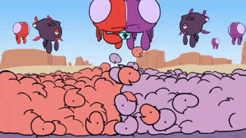 A Group Of Cartoon Characters Are Flying In The Air GIF