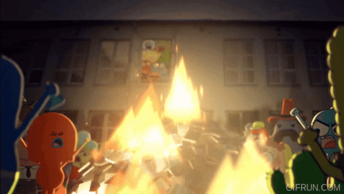 A Group Of Cartoon Characters Are Gathered Around A Fire With The Website Gifrun.com Visible In The Corner GIF