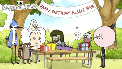 A Group Of Cartoon Characters Are Gathered Around A Table With A Banner That Says Happy Birthday Muscle Man GIF