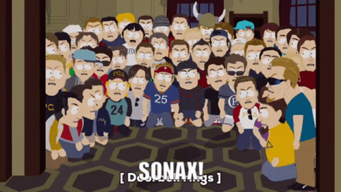 A Group Of Cartoon Characters Are Gathered In A Room And The Word Sonax Is On The Bottom Right GIF