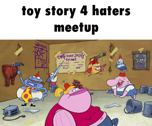 A Group Of Cartoon Characters Are Gathered In A Room With A Sign That Says Empty Head Society By Claws GIF