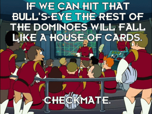 A Group Of Cartoon Characters Are Gathered In A Room With The Caption If We Can Hit That Bull 'S-Eye GIF