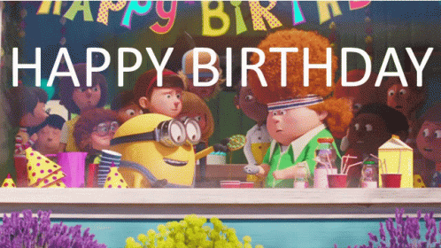 A Group Of Cartoon Characters Are Gathered In Front Of A Banner That Says Happy Birthday GIF