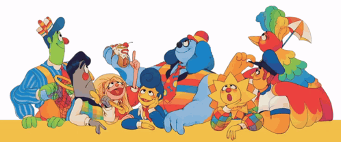 A Group Of Cartoon Characters Are Gathered Together On A Yellow Surface GIF