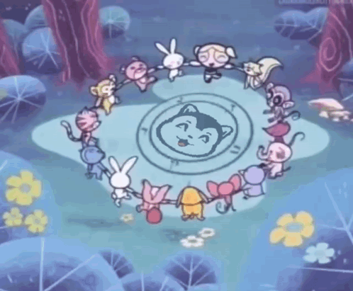 A Group Of Cartoon Characters Are Holding Hands In A Circle Around A Cat . GIF