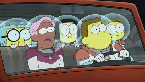 a group of cartoon characters are in a car