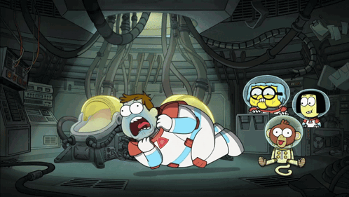 a group of cartoon characters are in a room with a monkey sitting in the middle