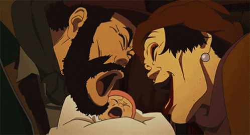 A Group Of Cartoon Characters Are Looking At A Baby With Their Mouths Open GIF