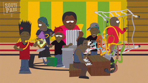A Group Of Cartoon Characters Are Playing Music In Front Of A Sign That Says South Park GIF