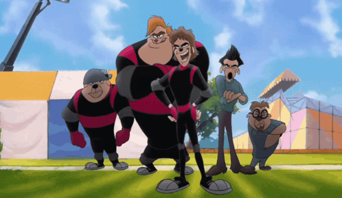 A Group Of Cartoon Characters Are Posing For A Photo GIF