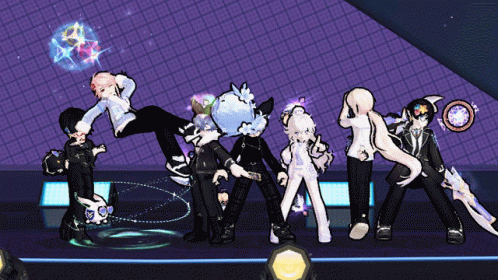 A Group Of Cartoon Characters Are Posing For A Picture On A Stage GIF