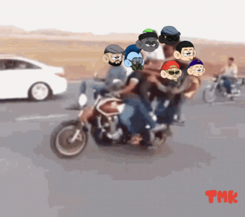 A Group Of Cartoon Characters Are Riding A Motorcycle On A Road GIF