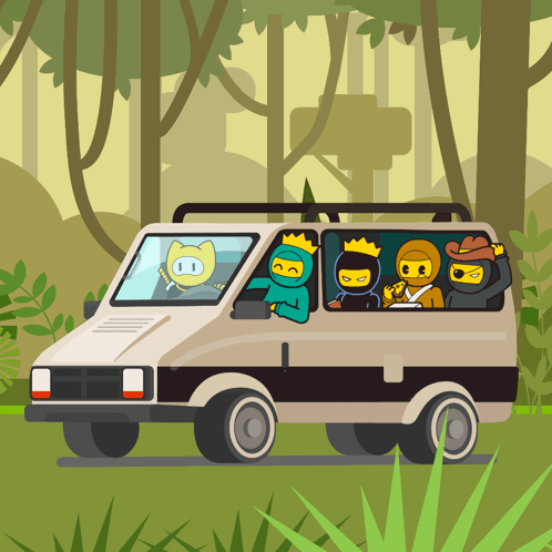 A Group Of Cartoon Characters Are Riding In A Van In The Woods GIF