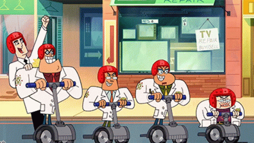 A Group Of Cartoon Characters Are Riding Segways In Front Of A Store That Says Tv Repair Buy Sell GIF