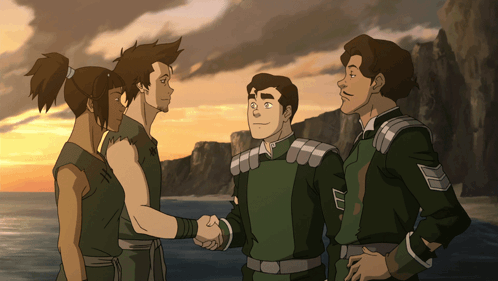 A Group Of Cartoon Characters Are Shaking Hands With Each Other GIF