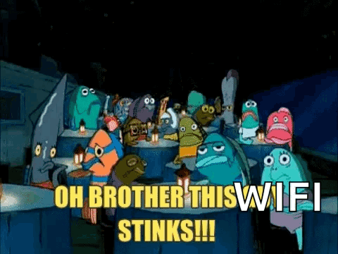 A Group Of Cartoon Characters Are Sitting Around A Table With The Words Oh Brother This Wifi Stinks ! GIF