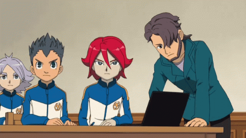 A Group Of Cartoon Characters Are Sitting At A Table And One Of Them Has The Number 5 On His Jacket GIF