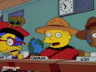 A Group Of Cartoon Characters Are Sitting At A Table With A Sign That Says Canada GIF