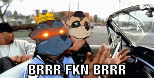 A Group Of Cartoon Characters Are Sitting In A Car With The Words Brrr Fkn Brrr On The Bottom GIF