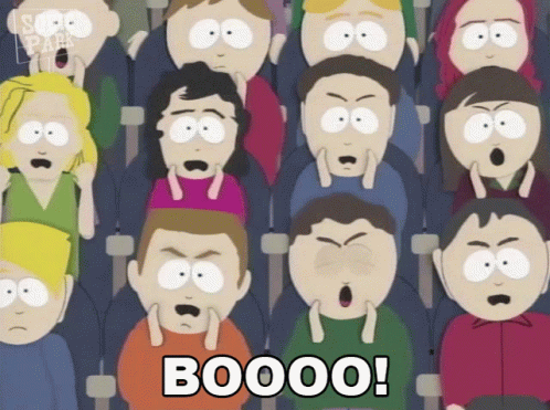 A Group Of Cartoon Characters Are Sitting In A Stadium And One Of Them Is Saying Boooo GIF