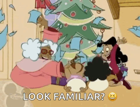 A Group Of Cartoon Characters Are Sitting In Front Of A Christmas Tree And The Caption Reads Look Familiar ? GIF