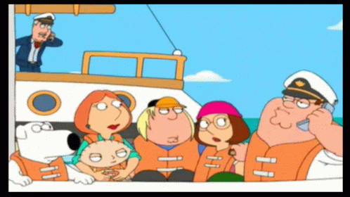 A Group Of Cartoon Characters Are Sitting On A Boat And One Of Them Is Wearing A Life Vest GIF