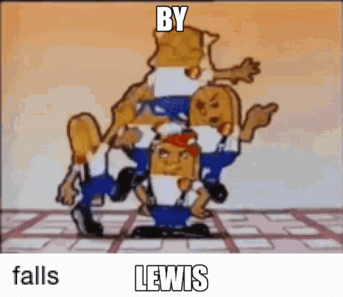 A Group Of Cartoon Characters Are Stacked On Top Of Each Other And The Caption Says By Lewis Falls GIF