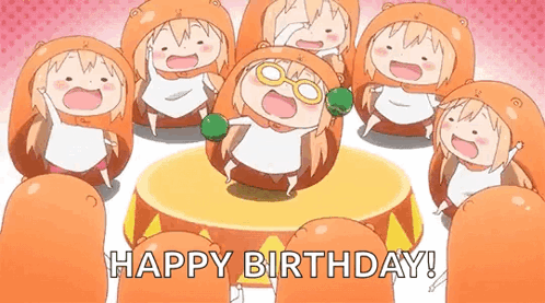 A Group Of Cartoon Characters Are Standing Around A Cake And Shouting Happy Birthday . GIF