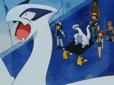 A Group Of Cartoon Characters Are Standing Around A Giant White Monster GIF